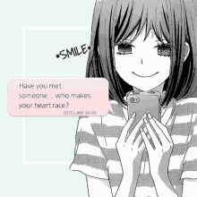 a girl in a striped shirt is smiling while holding a cell phone with a message that says " smile " on it
