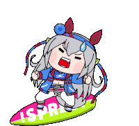 a cartoon drawing of a girl riding a surfboard that says ' i 's prime ' on it