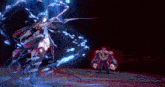 a girl with a sword is standing in front of a robot .