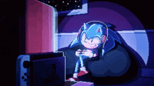 sonic the hedgehog is sitting in front of a nintendo switch