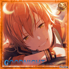 a picture of a boy with green eyes and the words good night