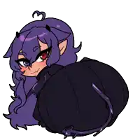 a cartoon drawing of a demon with purple hair and red eyes