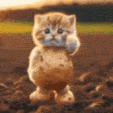 a kitten that looks like a potato standing in the dirt