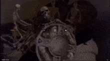 a painting of a group of skeletons standing around a circle .