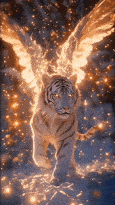 a white tiger with wings that are glowing in the dark is walking in the snow .