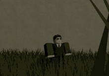 a screenshot of a video game shows a man holding a gun in a field