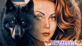 a painting of a woman with a wolf behind her and the word ryzhaya on the bottom