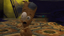 a cartoon character is standing on a rug with a lamp on his head