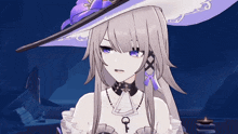 a girl with long hair and a purple hat has a key on her necklace