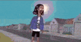 a cartoon character is standing in front of a row of houses in a neighborhood .
