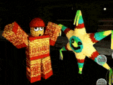 a video game character is standing next to a pinata with a smiley face