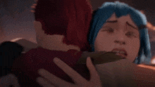 a cartoon character with blue hair is hugging another character with red hair