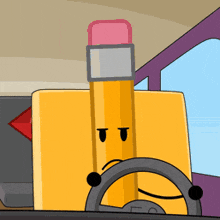 a yellow pencil is driving a car with a steering wheel