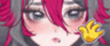 a close up of a girl with pink hair and a yellow hand waving .
