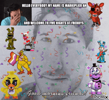 a picture of a man surrounded by five nights at freddys characters