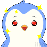 a blue and white penguin with red eyes and yellow stars around its eyes