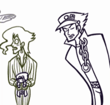 a drawing of a man in a hat standing next to another man