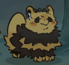 a cartoon drawing of a yellow and black cat with a black collar .