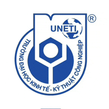 a blue and white logo with the word uneti in the center