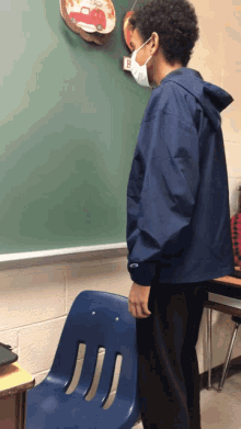 a boy wearing a mask stands in front of a chalkboard that has the letter f on it