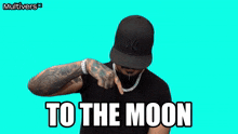 a man with red eyes and the words to the moon on his chest