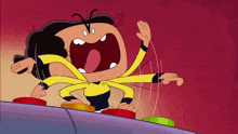 a cartoon character is screaming while standing on buttons