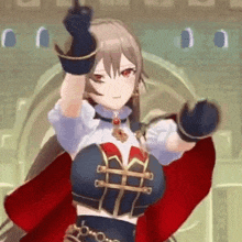 a girl in a red cape and gloves is dancing in a video game and giving a high five .