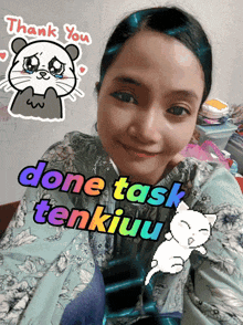 a woman with a sticker that says thank you done task tenkiuu