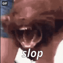 a close up of a person 's face with their mouth open and the word stop .