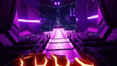 a video game is being played in a dark room with purple lights