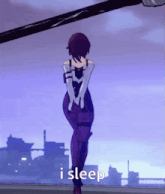 a cartoon character says i sleep while standing in front of a window