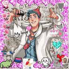 a picture of a man holding a drill with the words " my love " on it