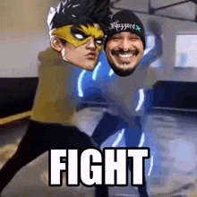 a man in a mask and a man in a beanie are fighting with the word fight in the corner