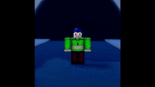 a cartoon character with blue hair and glasses is standing on a blue floor