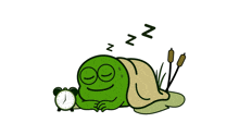 a cartoon of a frog sleeping with an alarm clock on its head