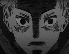 a black and white drawing of a man 's face with large eyes