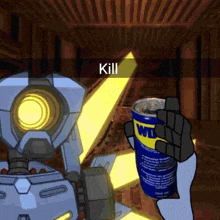 a cartoon robot is holding a can of wd-40 and says kill