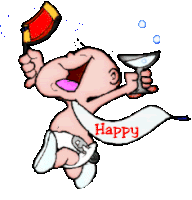 a baby in a diaper is holding a martini glass and a bottle and has a happy banner around his waist
