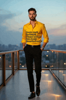 a man wearing a yellow shirt that says noapte buna !