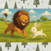 a lion and a rabbit are playing in a field with trees in the background