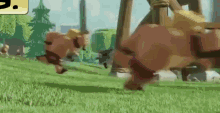 a group of cartoon characters are running on a grassy hill .