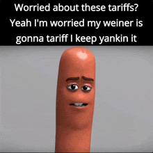 a cartoon sausage with a sad look on his face and a caption that says worried about these tariffs