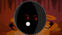 a cartoon drawing of a black object with a red face