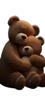 two brown teddy bears are hugging each other with a.c. written on their faces