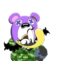a purple teddy bear is holding a diamond in his hands