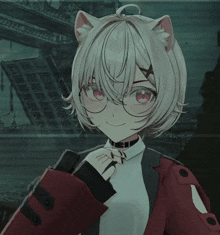 a girl with white hair and red eyes is wearing glasses and making a peace sign