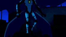a cartoon character is standing in a dark room with a window .