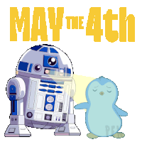 a cartoon of r2d2 and a penguin with the words may the 4th behind them