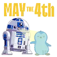 a cartoon of r2d2 and a penguin with the words may the 4th behind them