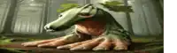 a frog with a leaf on its head is sitting in the woods .
